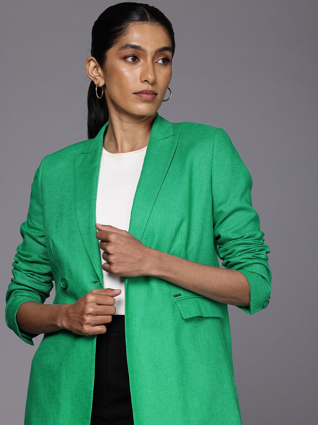 

Allen Solly Woman Peaked Lapel Double-Breasted Formal Blazers, Green
