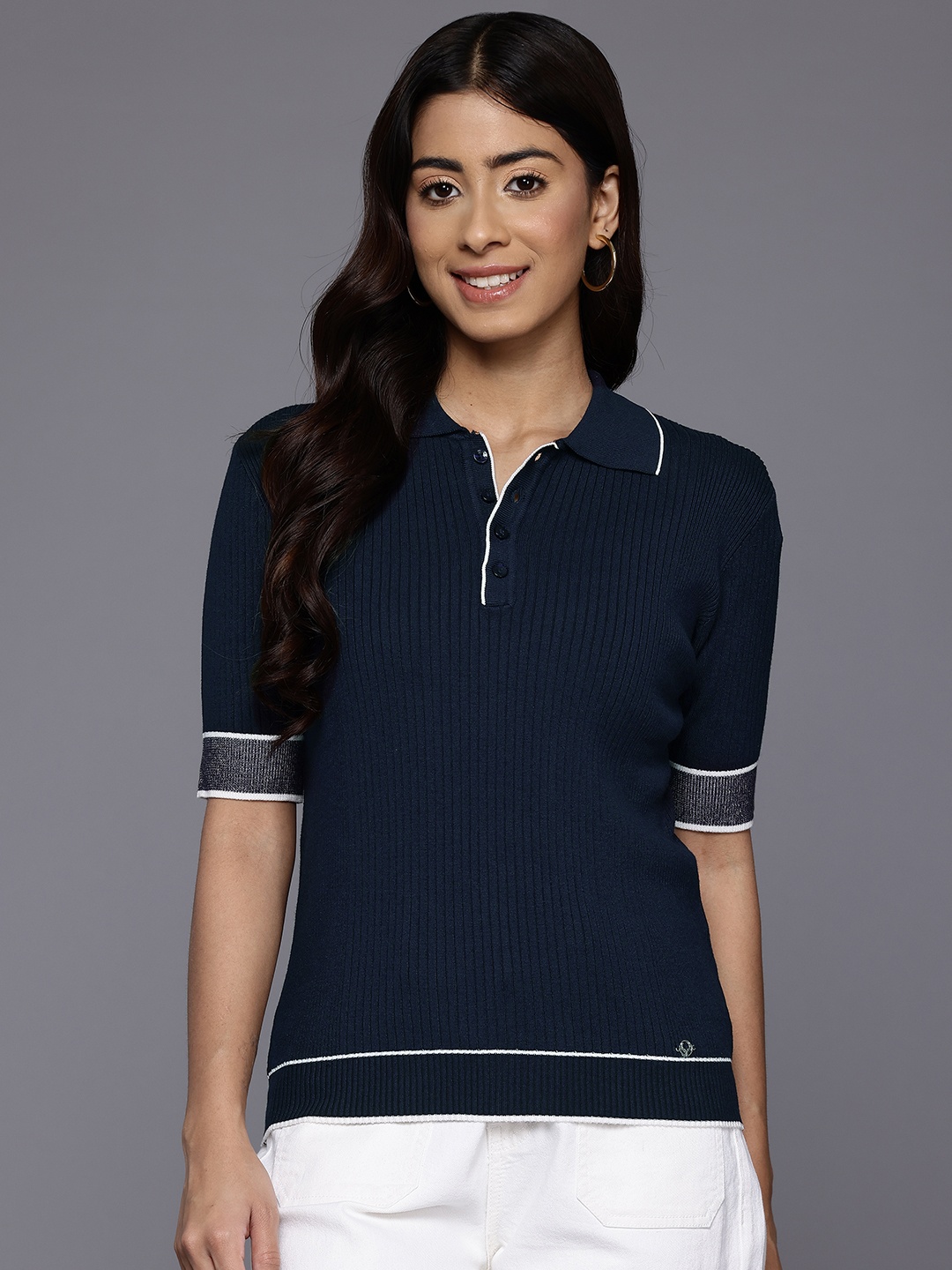 

Allen Solly Woman Polo Neck Ribbed Top, Navy blue