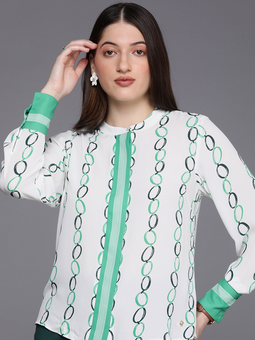 

Allen Solly Woman Geometric Print Peter Pan Collar Top, White