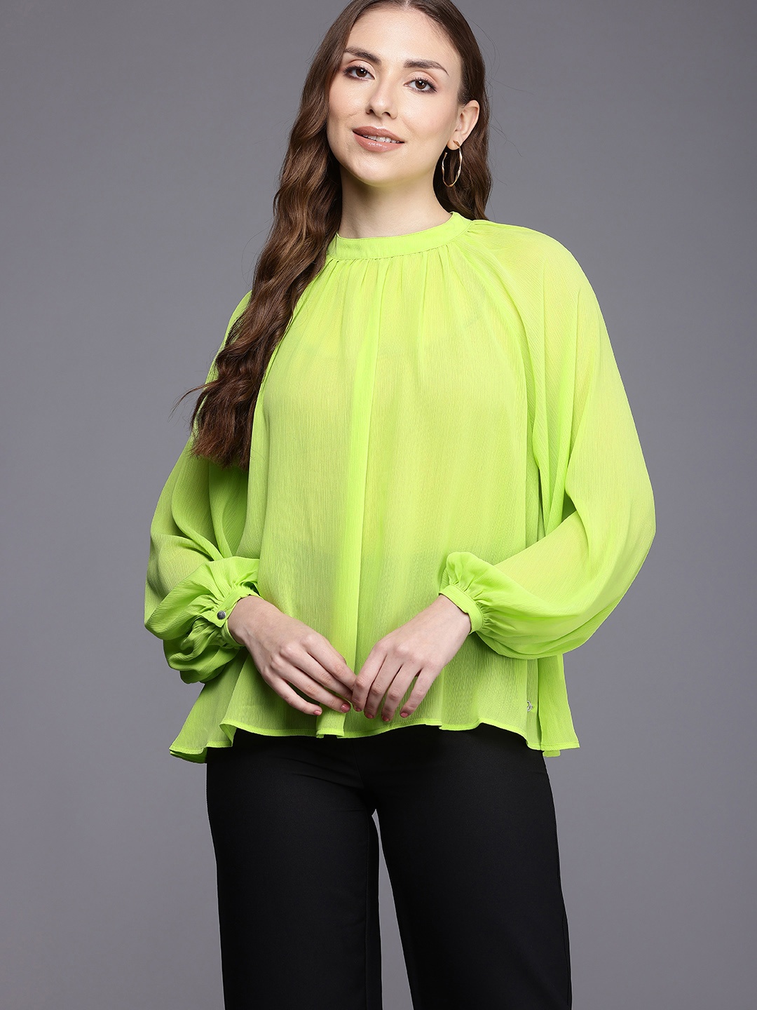 

Allen Solly Semi-Sheer A-Line Cuffed Sleeves Chiffon Top, Lime green