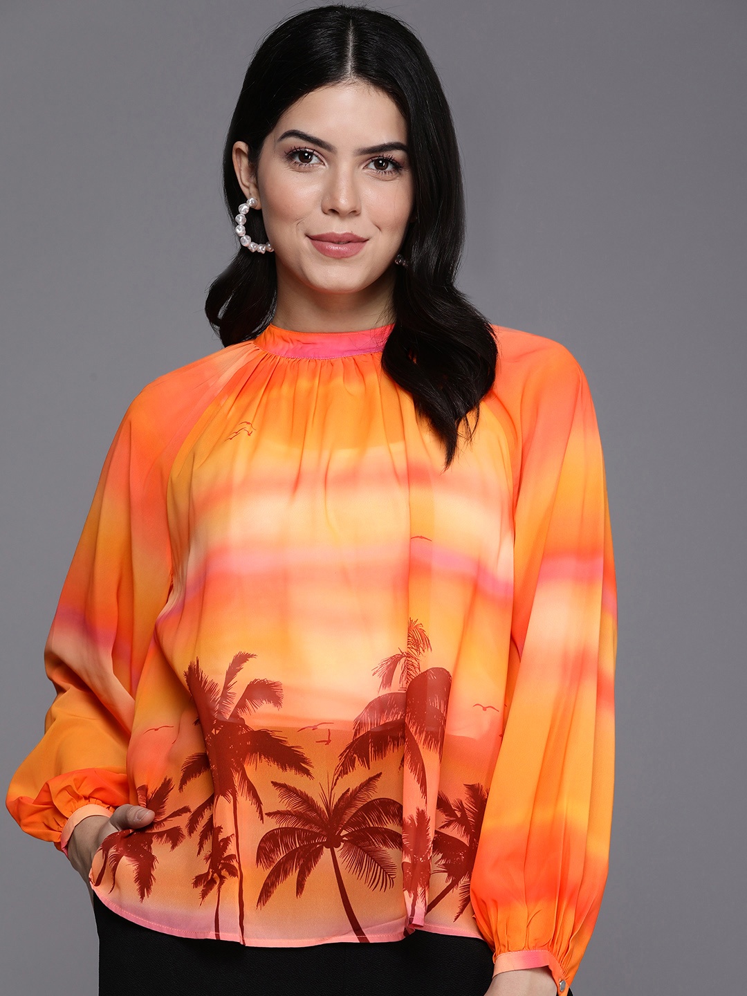 

Allen Solly Woman Graphic Printed Semi-Sheer Top, Orange