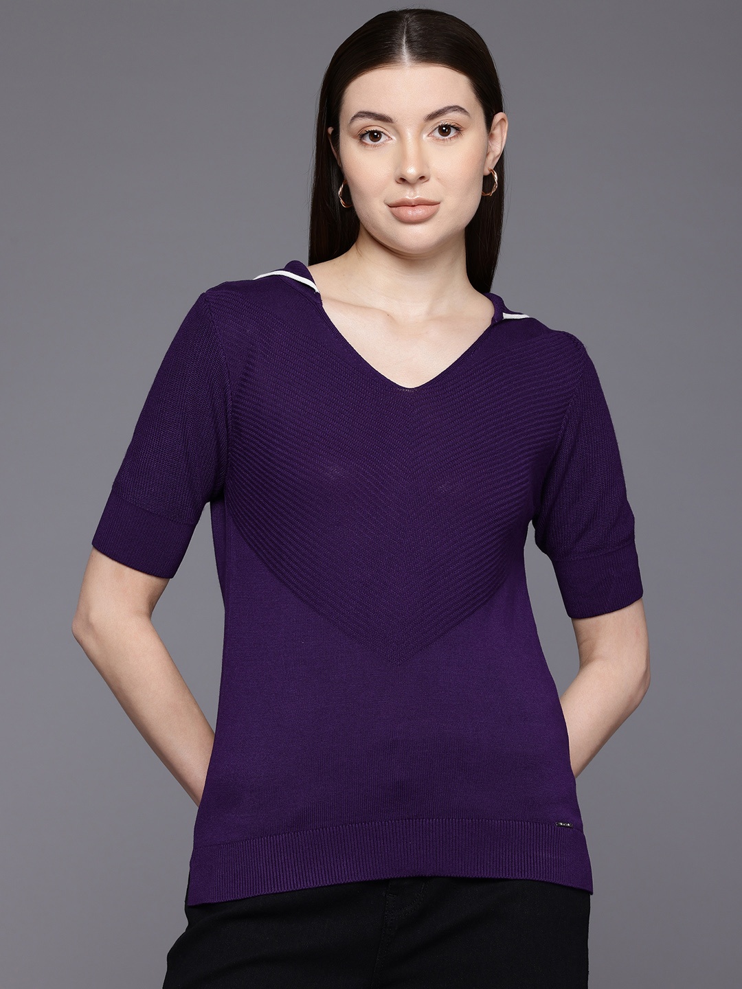

Allen Solly Woman Above the Keyboard Collar Ribbed Regular Top, Purple