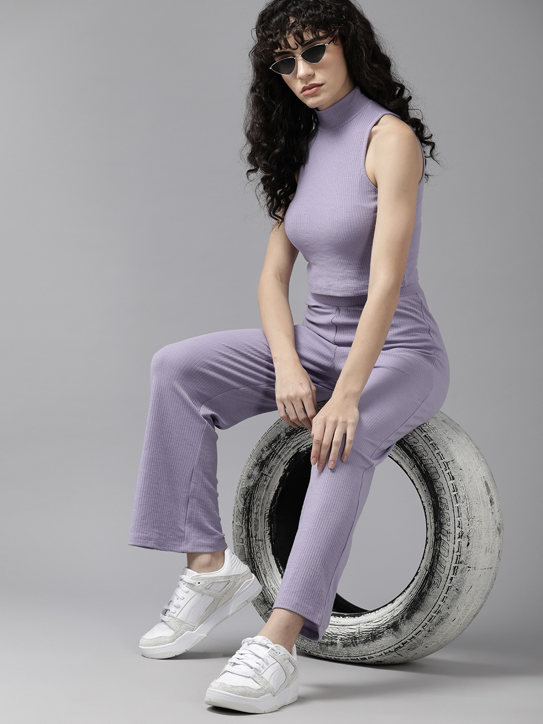 

Roadster Solid High Neck Crop Top & Trousers, Lavender