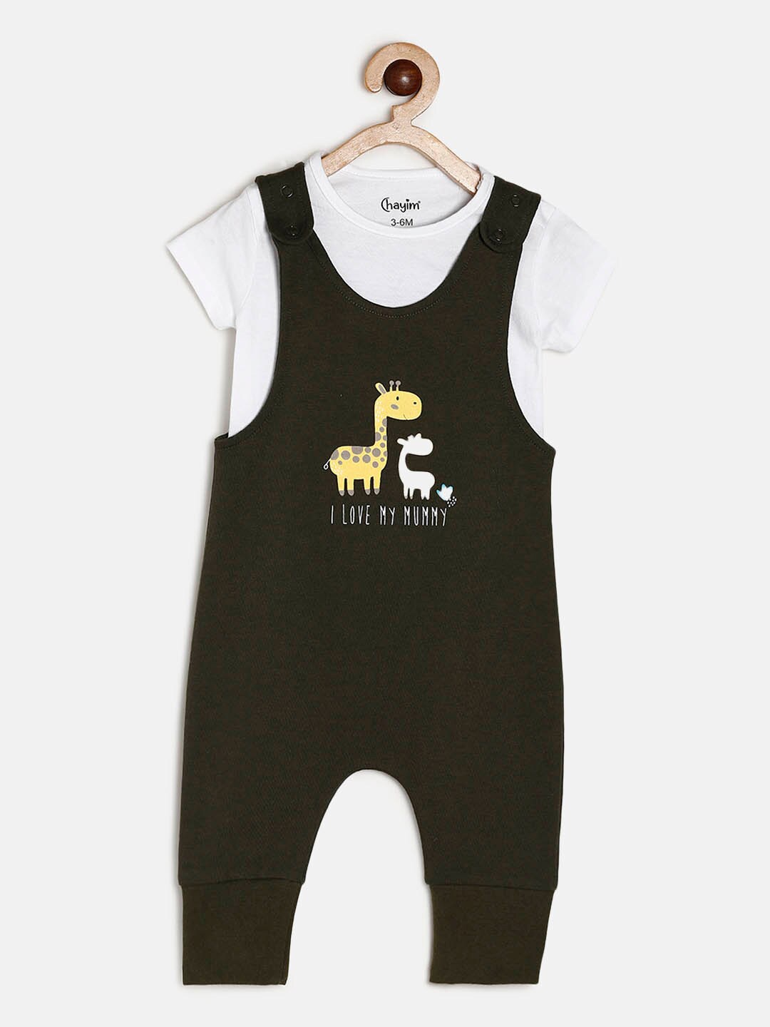 

CHAYIM Infant Kids Conversational Printed Cotton Dungaree With T-Shirt, Green