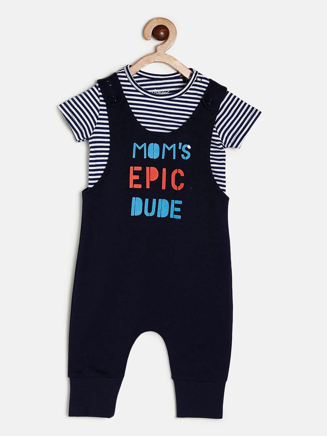 

CHAYIM Infant Kids Typography Printed Cotton Dungaree With T-Shirt, Navy blue
