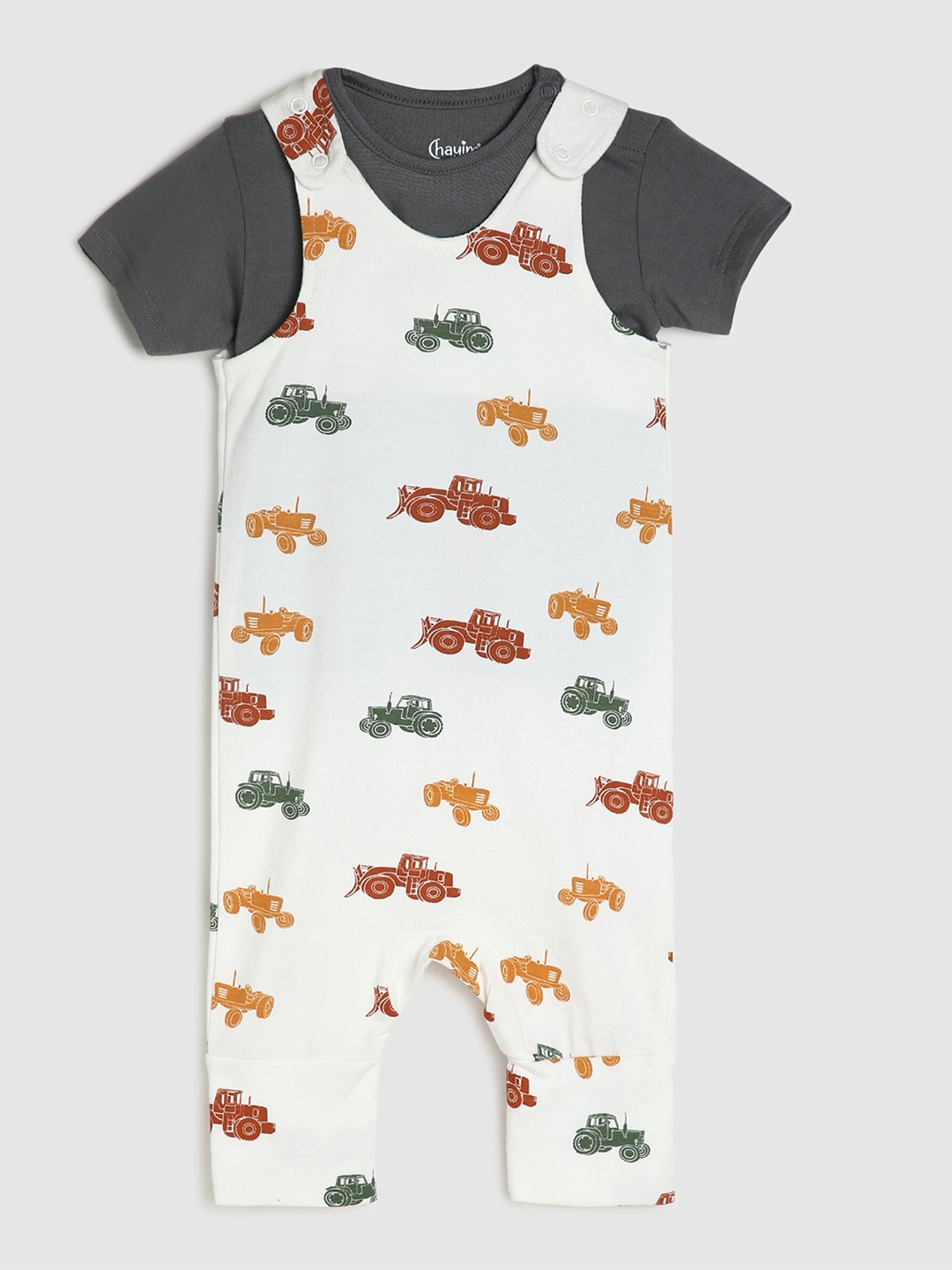 

CHAYIM Infant Kids Conversational Printed Cotton Dungaree With T-Shirt, Off white