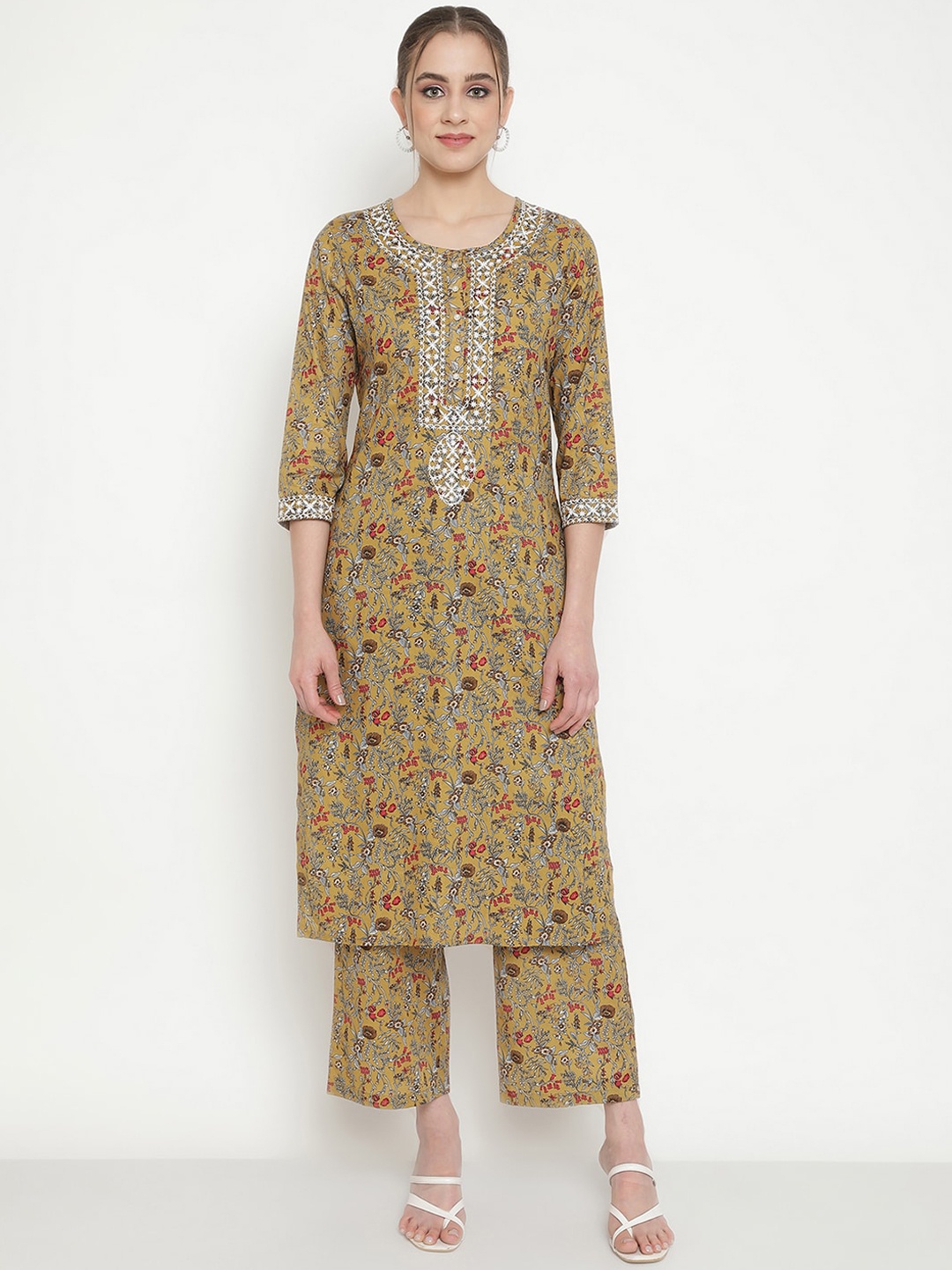 

Be Indi Ethnic Motifs Printed Straight Pure Cotton Kurta Set with Palazzo, Mustard