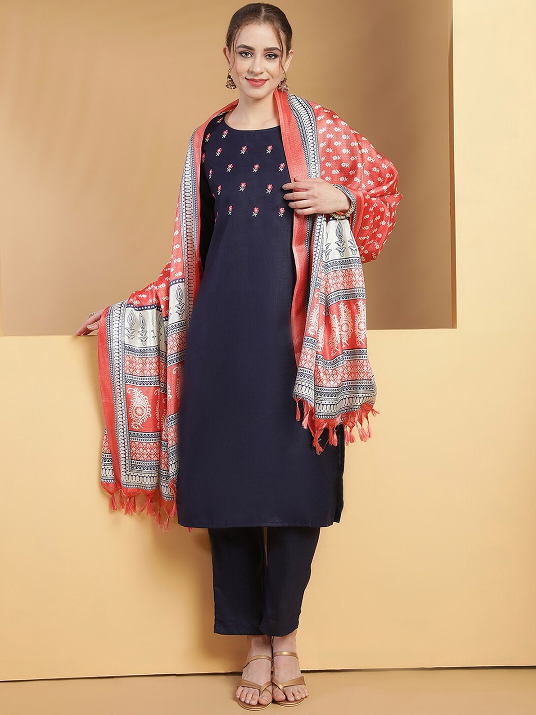 

Be Indi Women Solid Embroidered Kurta Set with Trouser & Dupatta, Navy blue