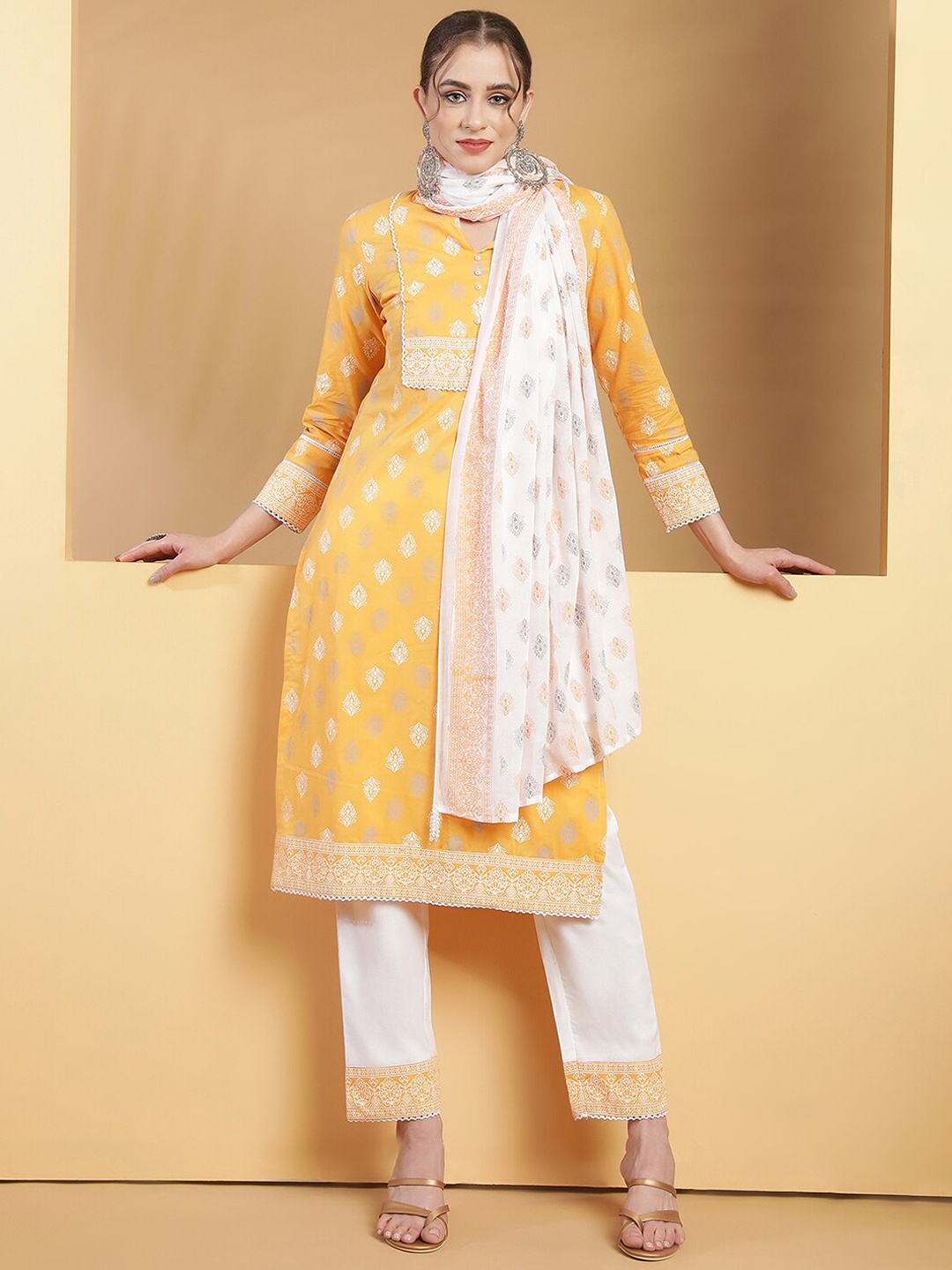 

Be Indi Women Ethnic Motifs Printed Kurta Set with Trouser & Dupatta, Yellow