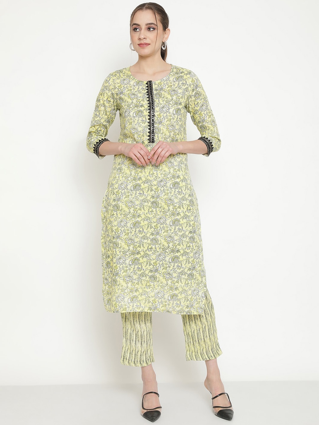 

Be Indi Women Floral Printed Straight Kurta Set with Trouser, Yellow