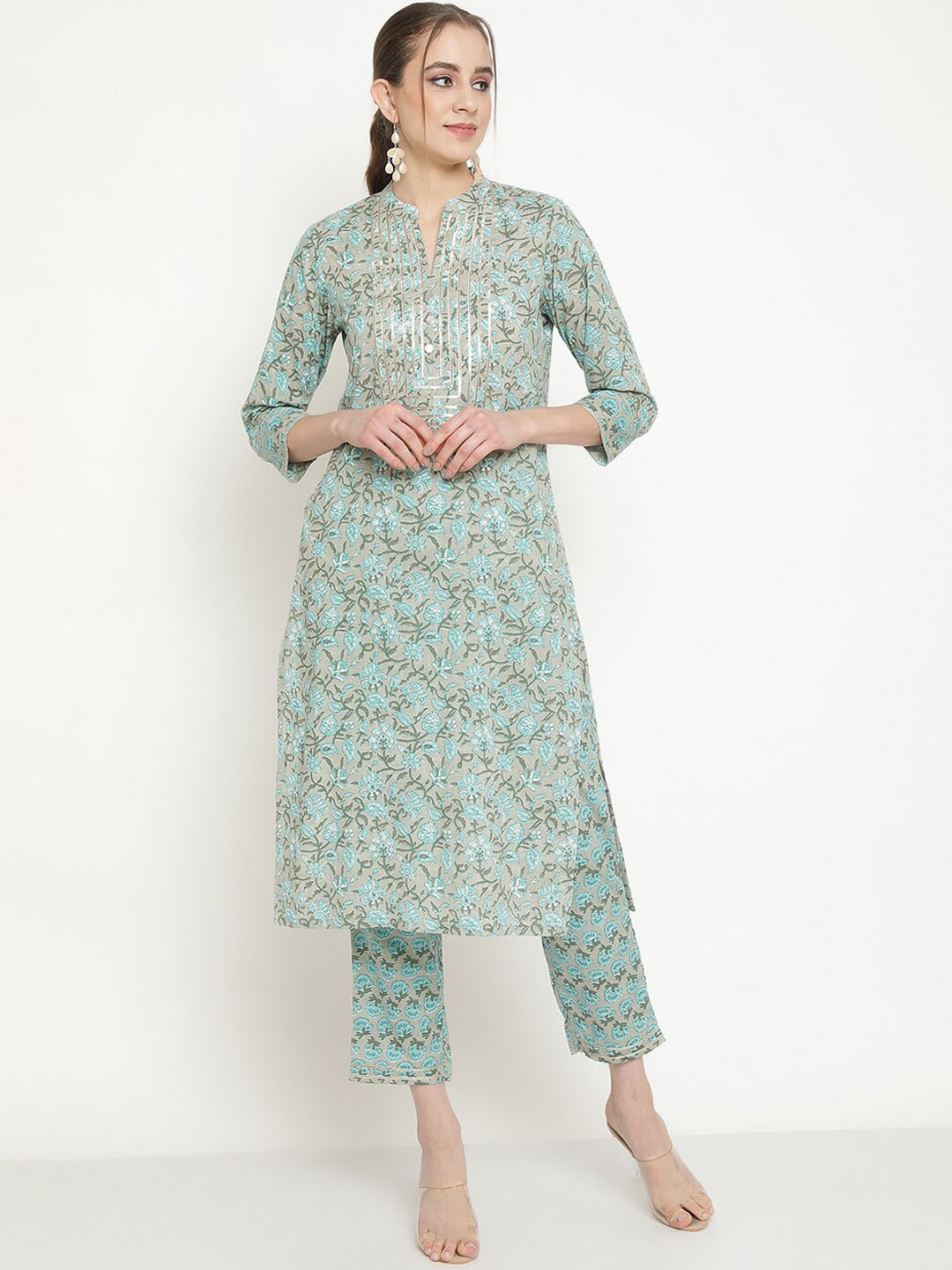 

Be Indi Women Floral Printed Straight Pure Cotton Kurta Set with Trouser, Grey