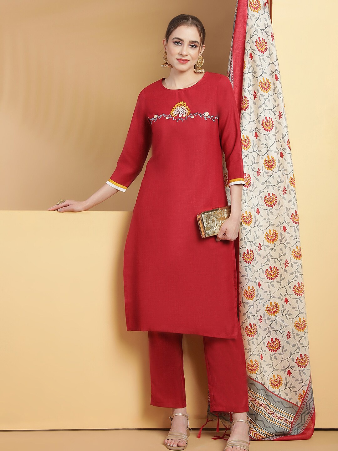 

Be Indi Floral Yoke Design Cotton Kurta Set with Trouser & Dupatta, Red