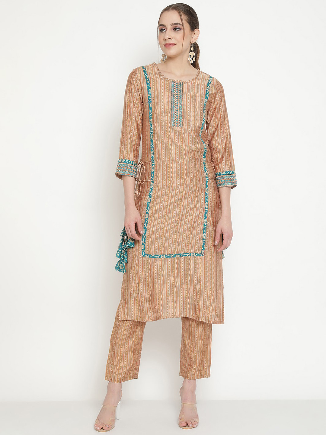 

Be Indi Women Ethnic Motifs Printed Straight Kurta Set with Trouser, Brown