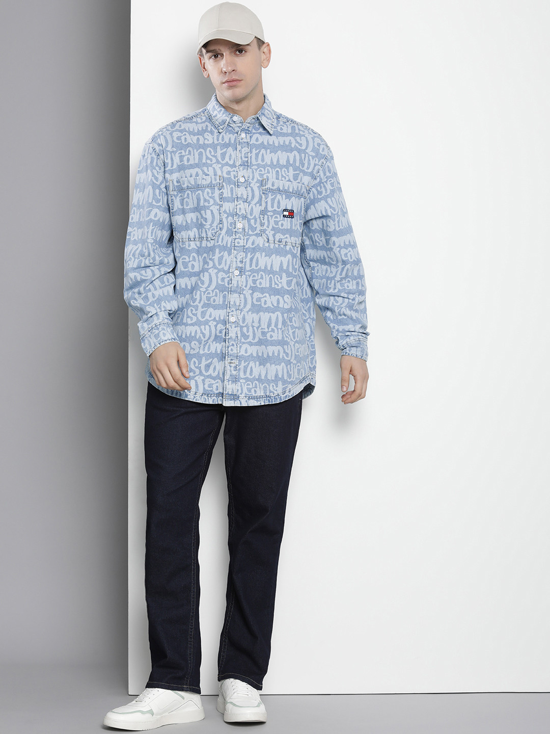 

Tommy Hilfiger Brand Logo Printed Cotton Linen Oversized Casual Shirt, Blue
