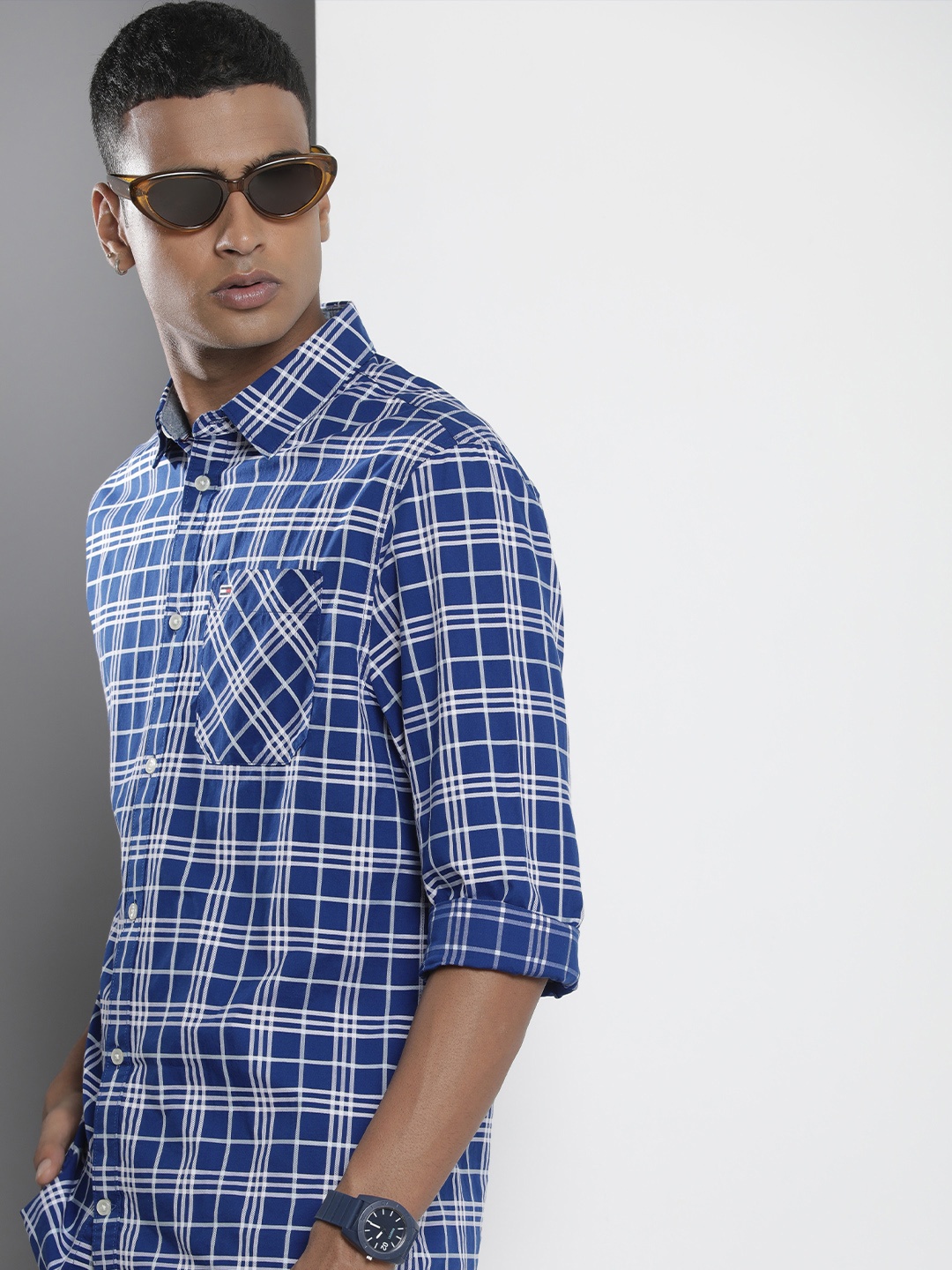 

Tommy Hilfiger Pure Cotton Checked Button-Down Collar Classic Regular Fit Casual Shirt, Blue