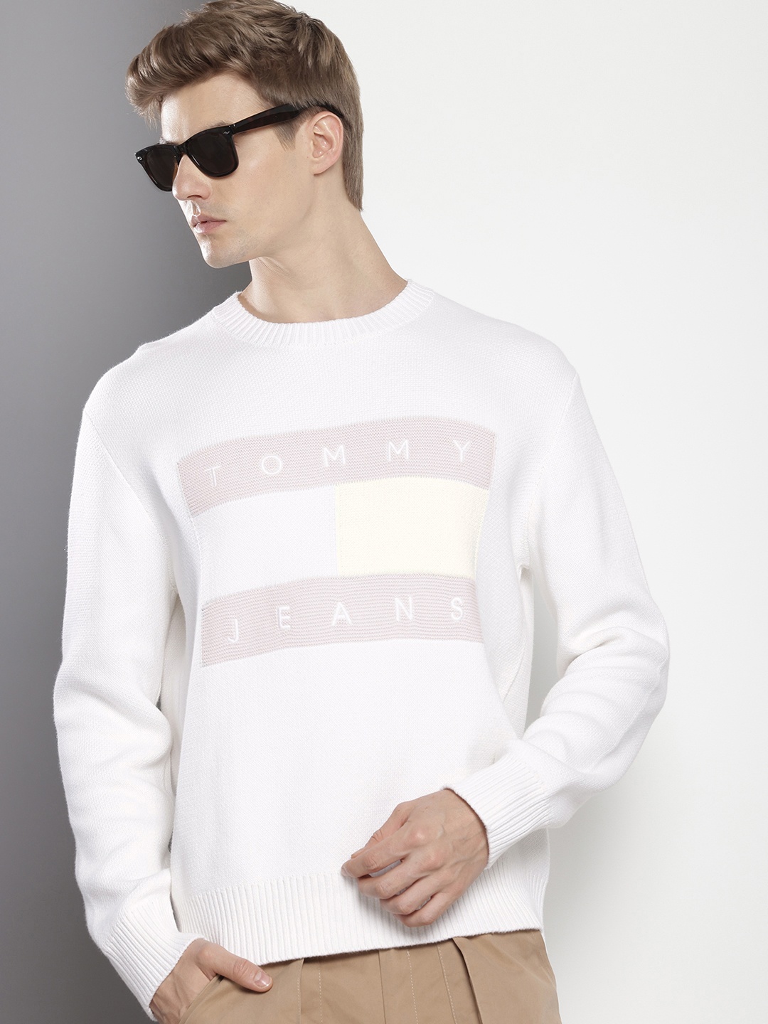 

Tommy Hilfiger Pure Cotton Relaxed Brand Logo Self Design Embroidered Pullover Sweaters, White