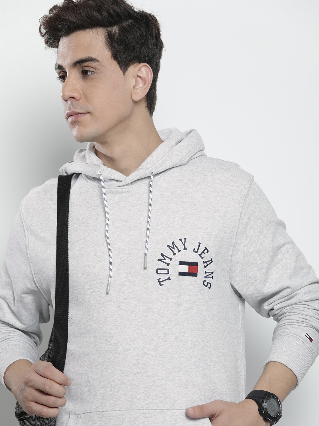 

Tommy Hilfiger Brand Logo Embroidered Pure Cotton Hooded Sweatshirt, Grey melange