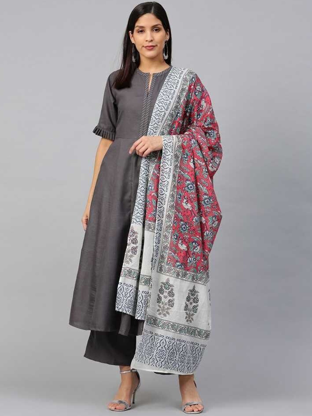 

Bhama Round Neck Kurta with Palazzos & With Dupatta, Grey
