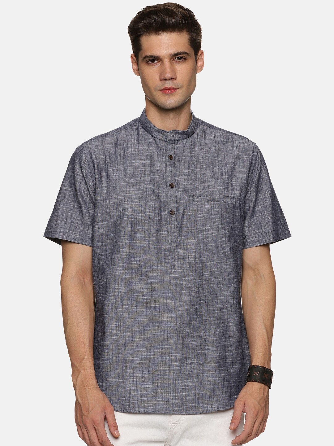 

DON VINO Mandarin Collar Classic Opaque Casual Cotton Shirt, Grey