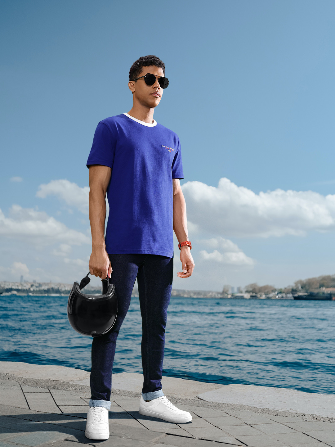 

Tommy Hilfiger Brand Logo Embroidered Pure Cotton T-shirt, Blue