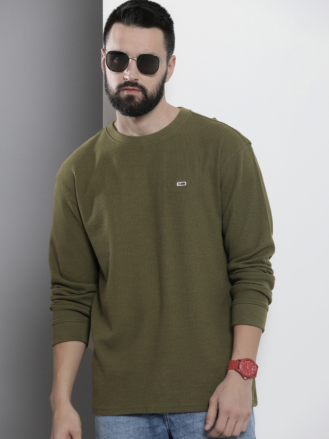 

Tommy Hilfiger Self Design Drop-Shoulder Sleeves Pure Cotton T-shirt, Olive