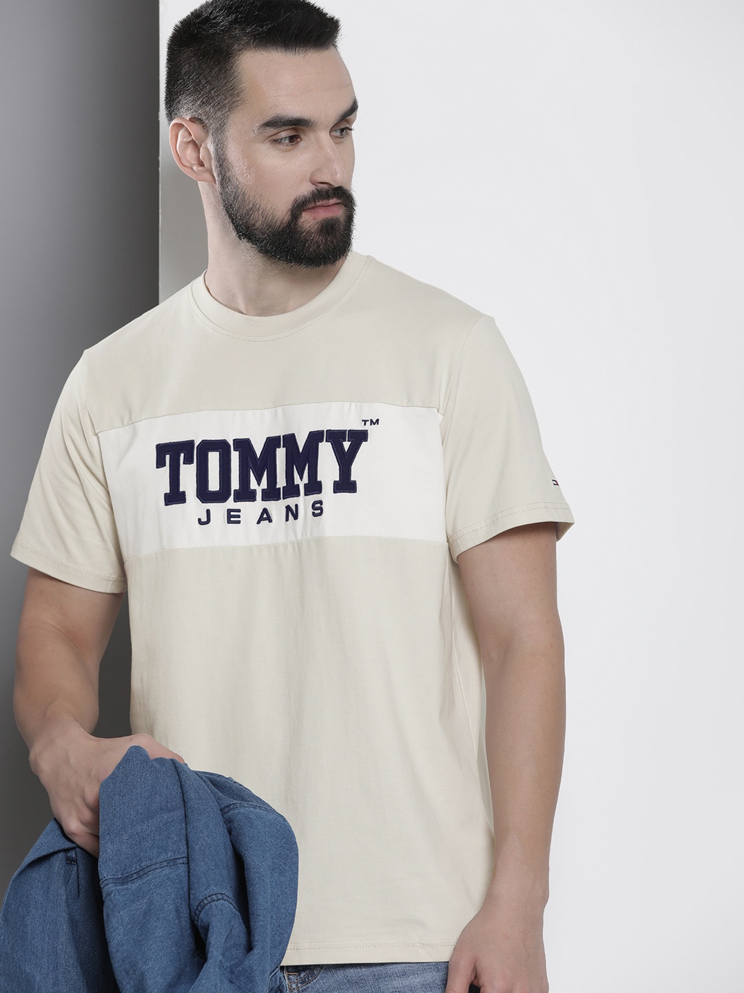 

Tommy Hilfiger Round Neck Brand Logo Embroidered Slim Fit T-shirt, Beige