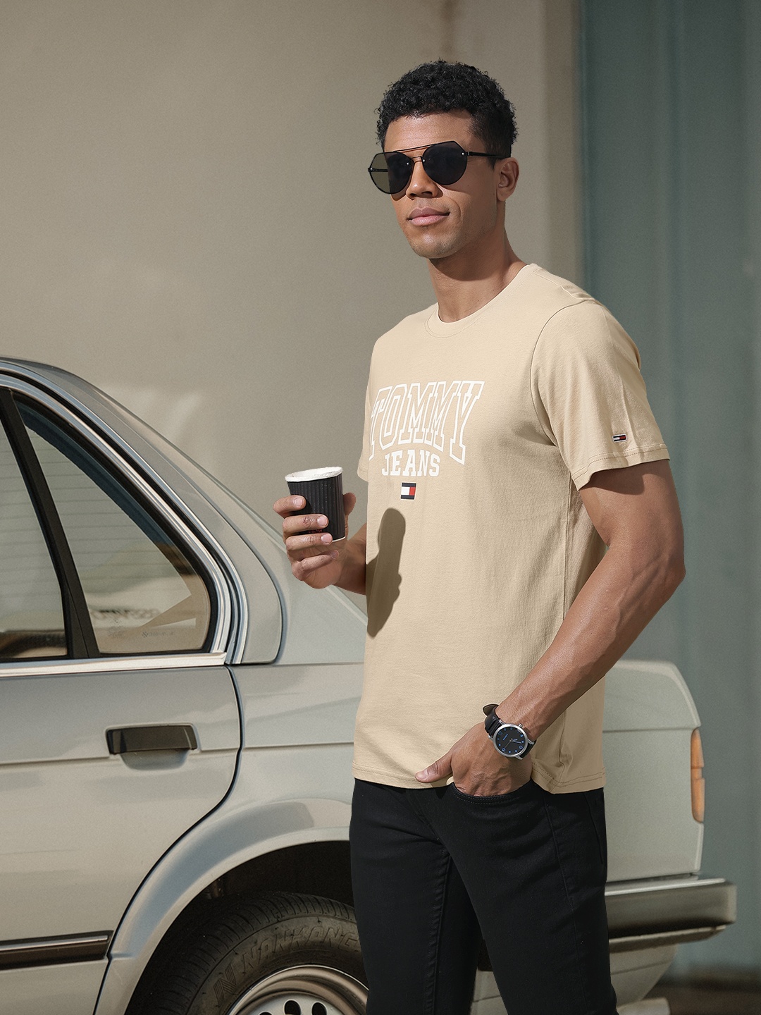 

Tommy Hilfiger Brand Logo Printed Pure Cotton T-shirt, Beige
