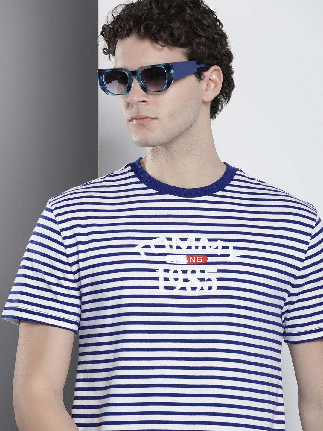 

Tommy Hilfiger Brand Logo Printed & Striped Pure Cotton T-shirt, Blue