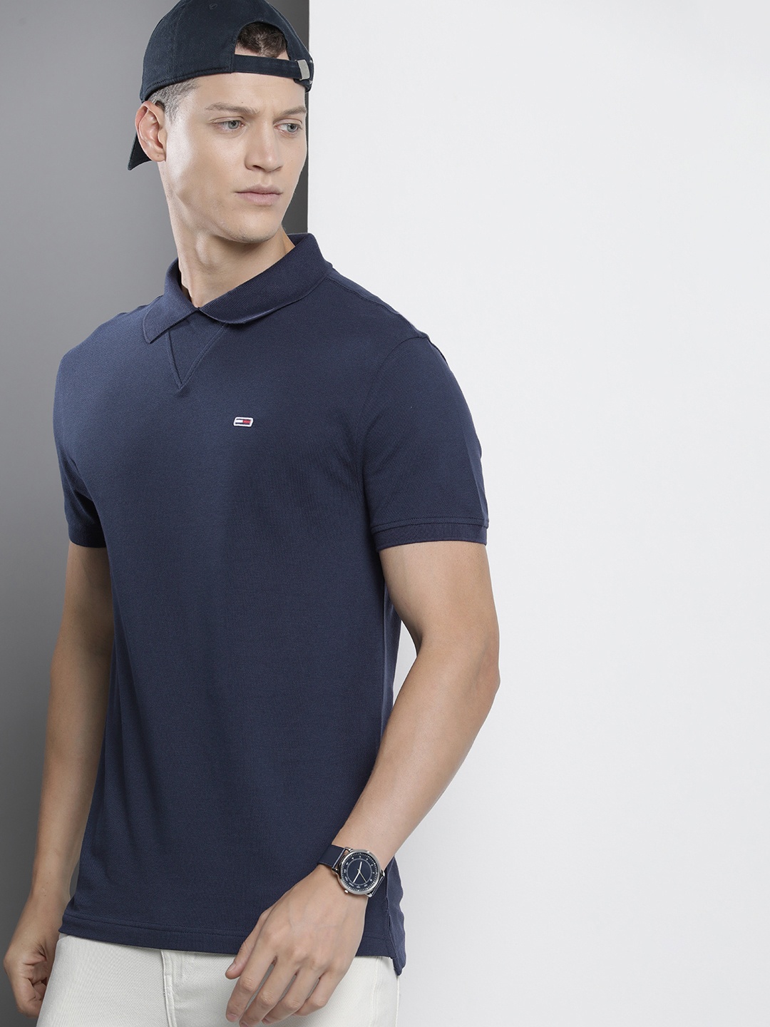 

Tommy Hilfiger Pure Cotton Polo Collar Solid Casual T-shirt, Navy blue