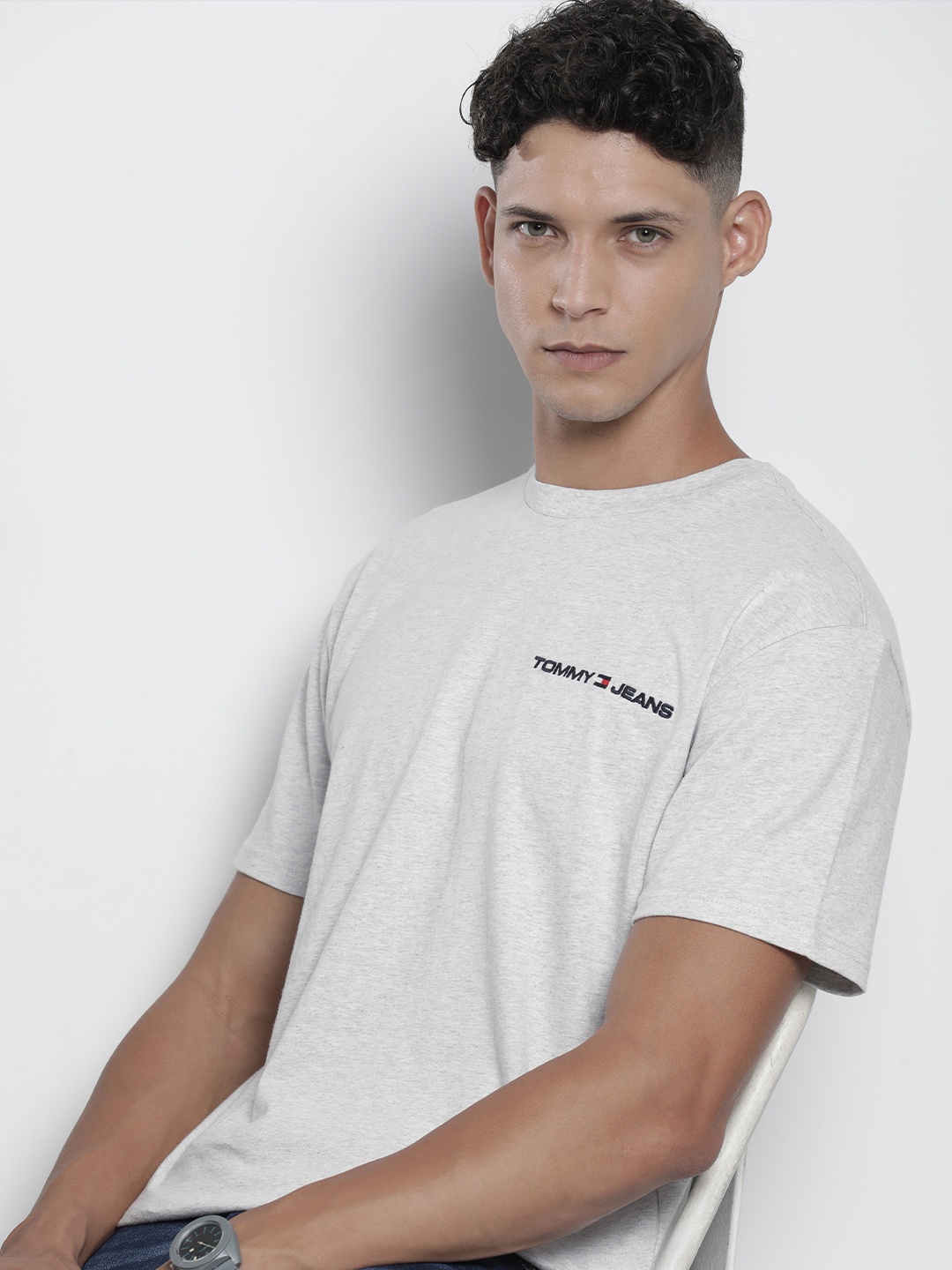 

Tommy Hilfiger Brand Logo Embroidered Pure Cotton T-shirt, Grey melange