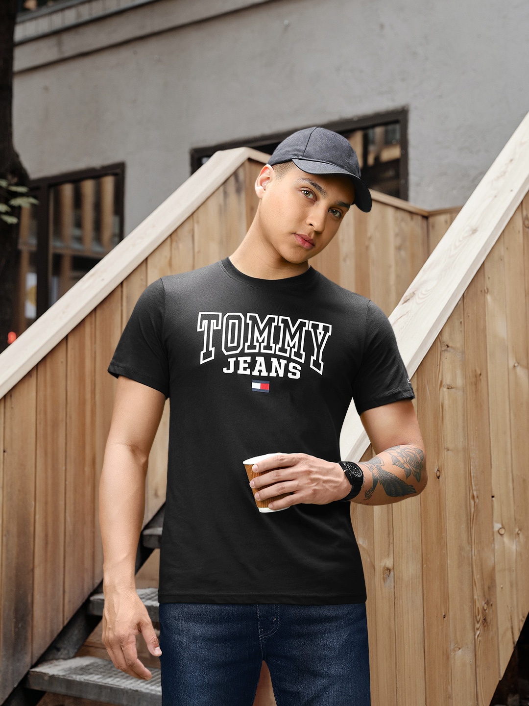 

Tommy Hilfiger Brand Logo Printed Pure Cotton Sustainable T-shirt, Black