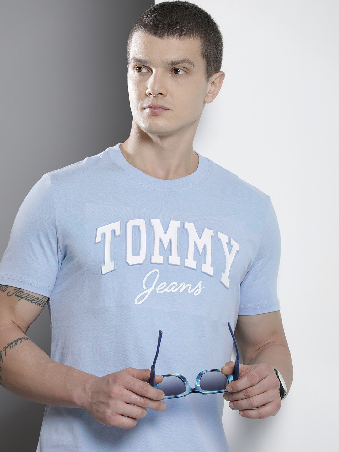 

Tommy Hilfiger Brand Logo Printed Pure Cotton Applique T-shirt, Blue