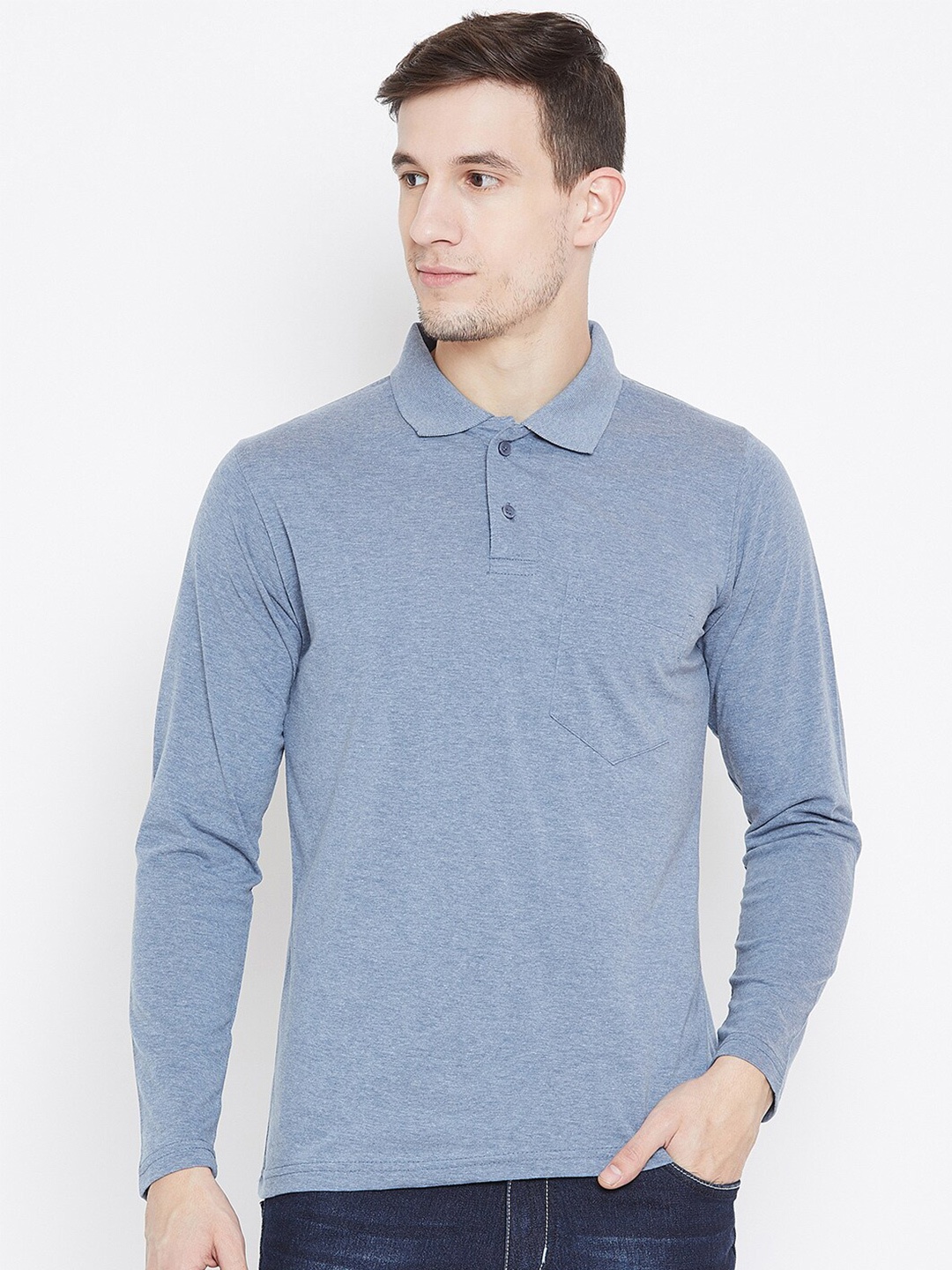 

Camey Polo Collar Long Sleeves Cotton T-shirt, Blue