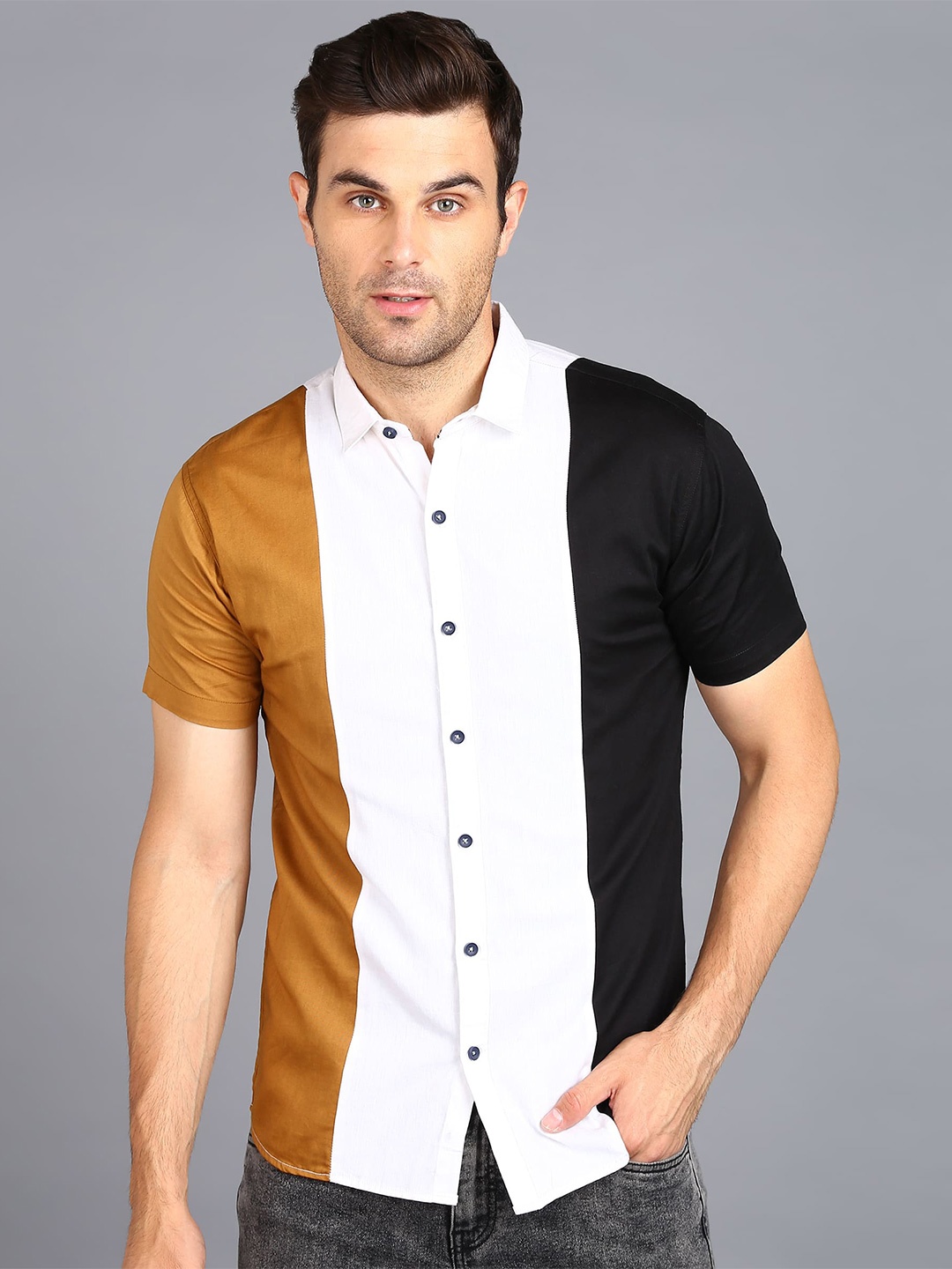 

Urbano Fashion Slim Fit Opaque Colourblocked Pure Cotton Casual Shirt, Beige