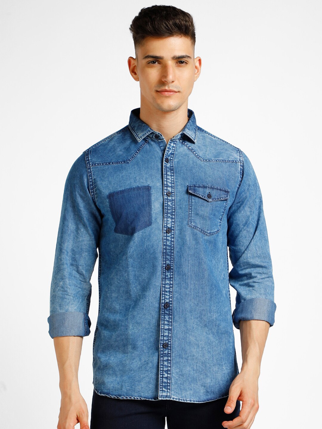

Urbano Fashion Slim Fit Faded Opaque Faded Denim Casual Shirt, Blue