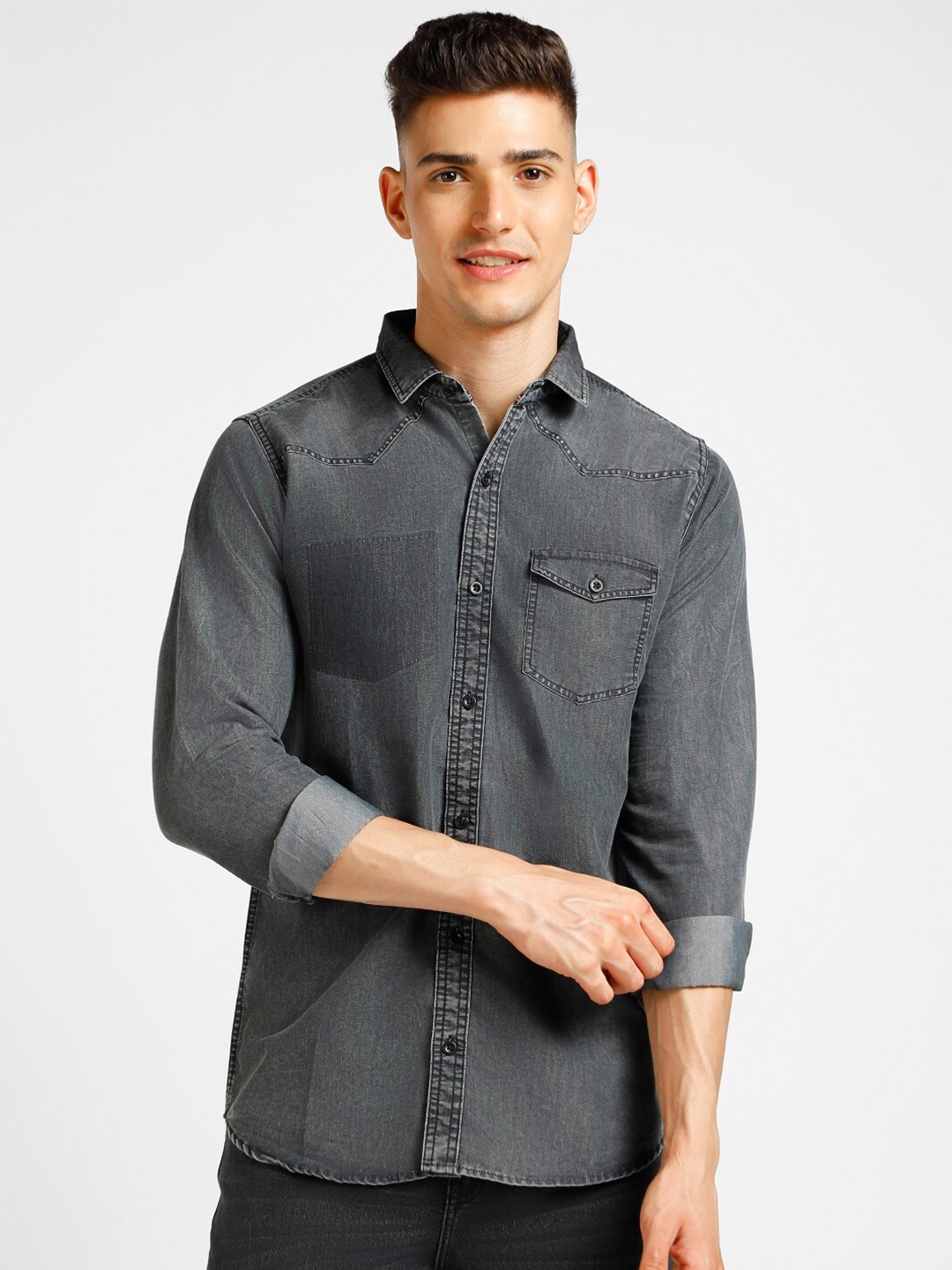 

Urbano Fashion Faded Slim Fit Denim Casual Shirt, Black