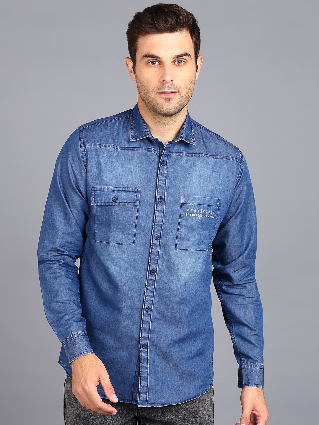 

Urbano Fashion Slim Fit Faded Opaque Faded Denim Casual Shirt, Blue
