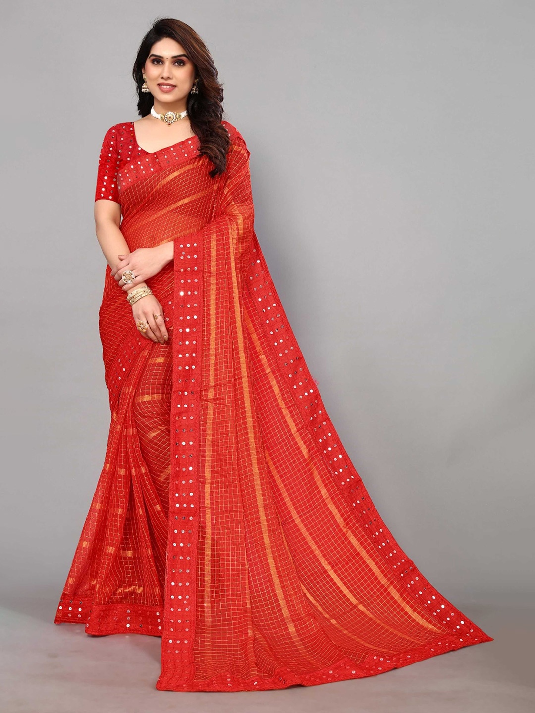 

KALINI Checked Sequined Bandhani Saree, Red