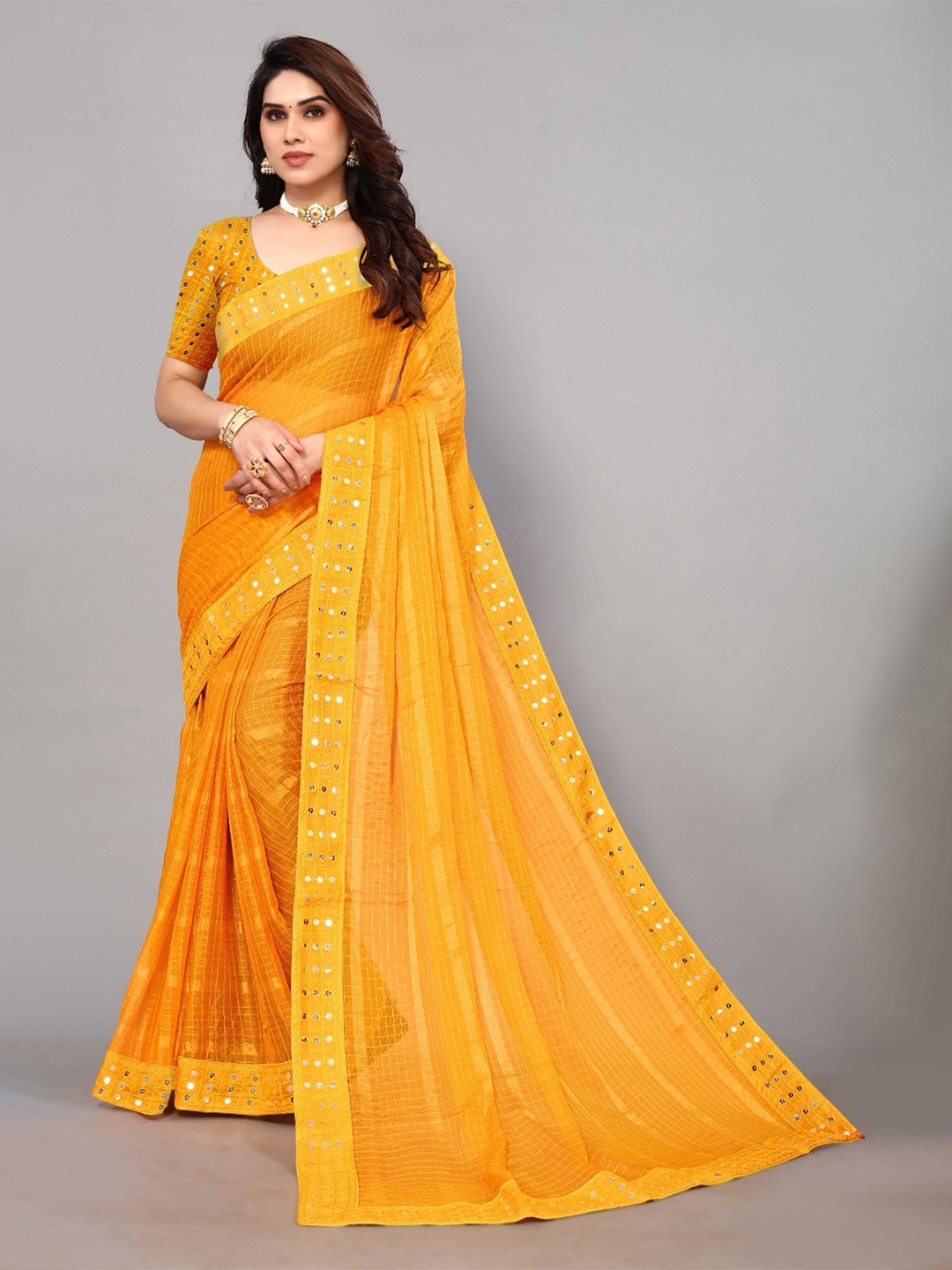 

KALINI Checked Sequined Bandhani Saree, Yellow