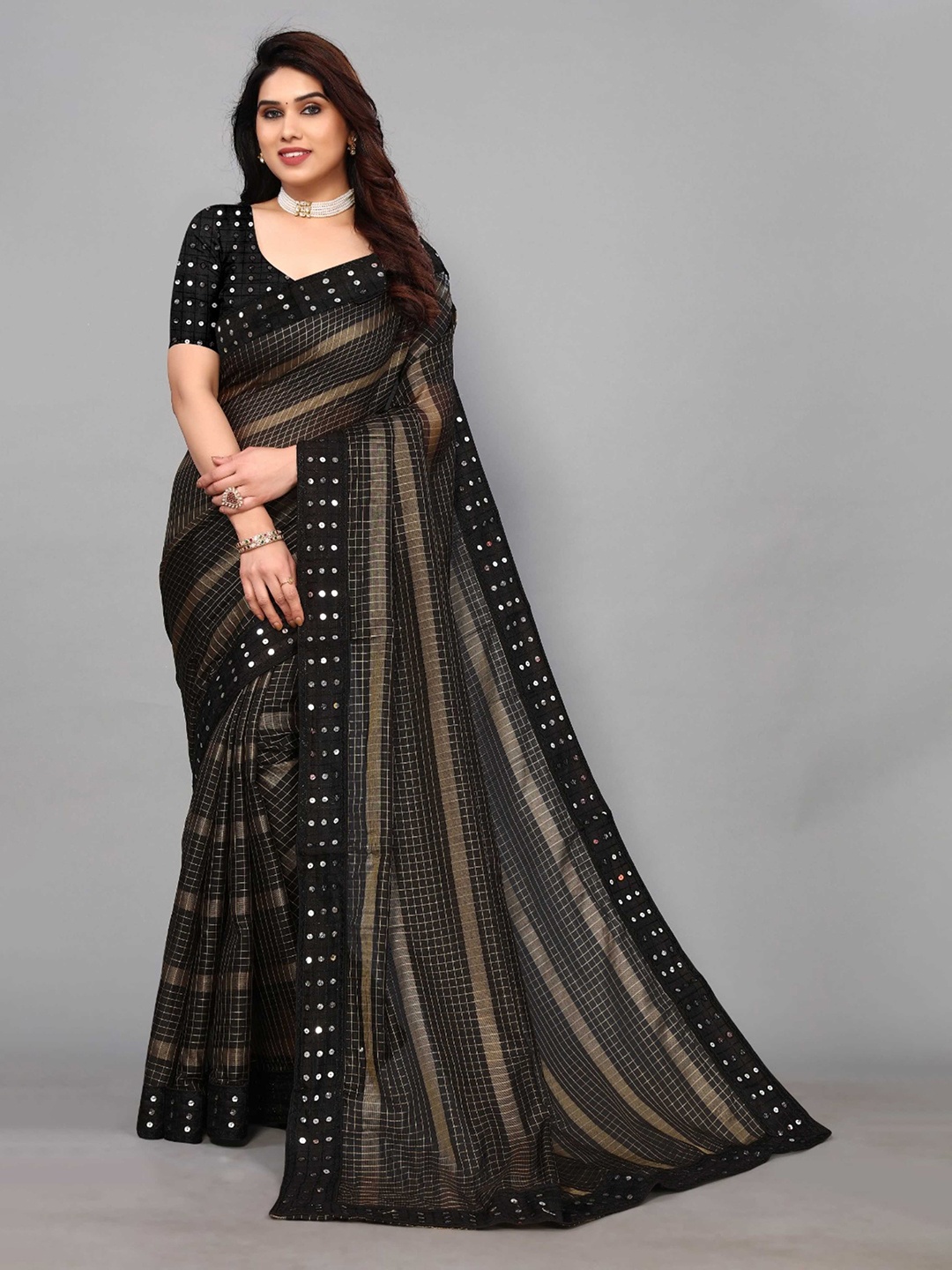 

KALINI Checked Sequined Bandhani Saree, Black