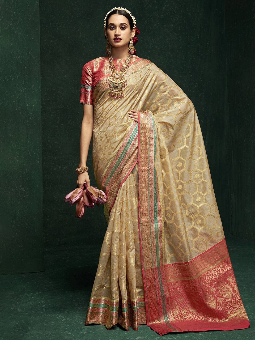

Mitera Woven Design Zari Banarasi Saree, Beige