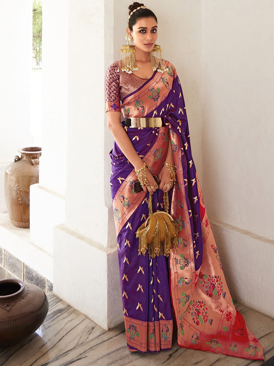 

Mitera Purple & Green Ethnic Motifs Woven Design Zari Art Silk Paithani Saree