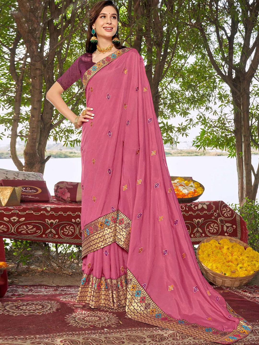 

Mitera Pink & Yellow Geometric Embroidered Art Silk Saree