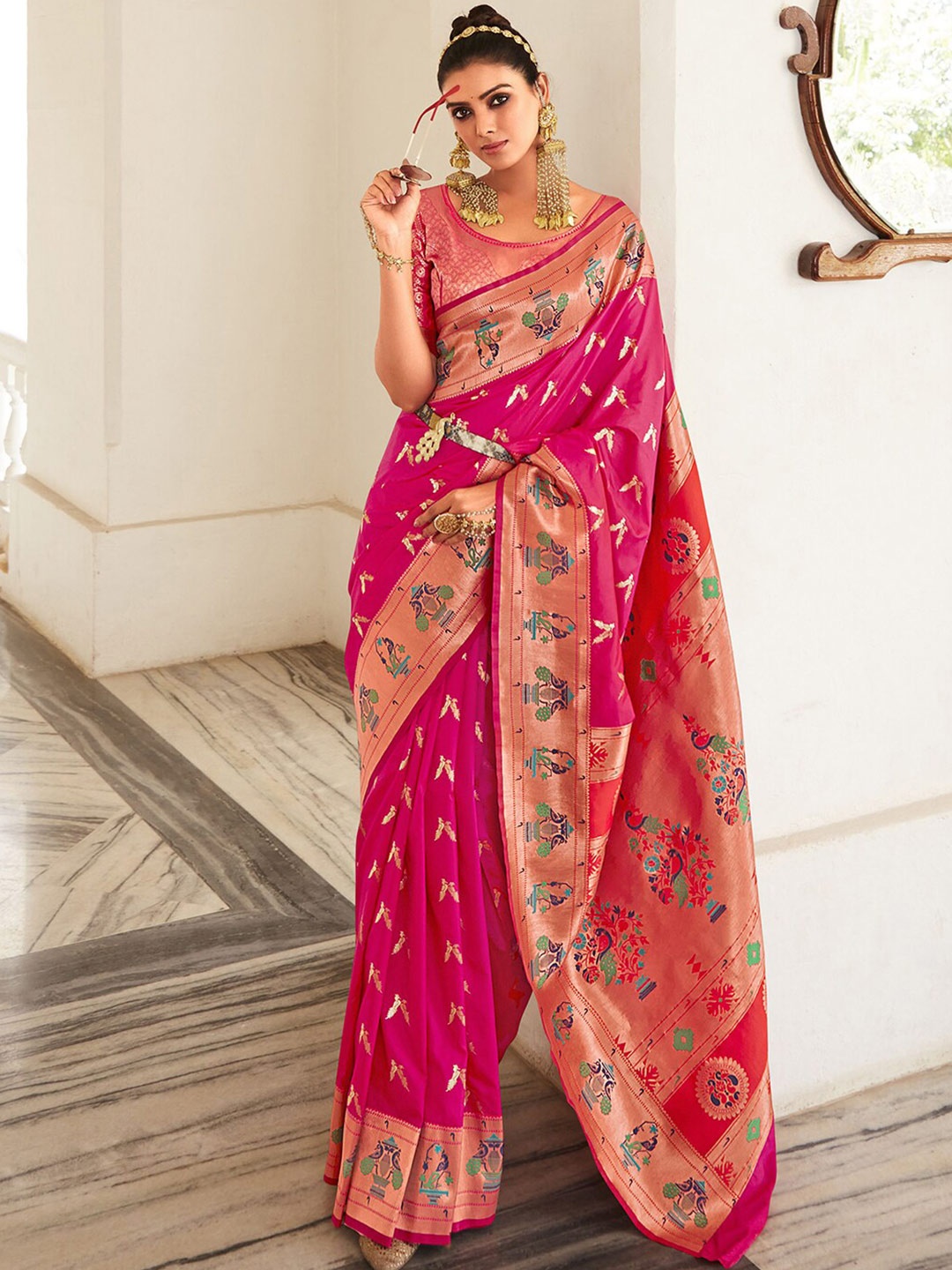 

Mitera Pink Ethnic Motif Woven Design Zari Paithani Saree