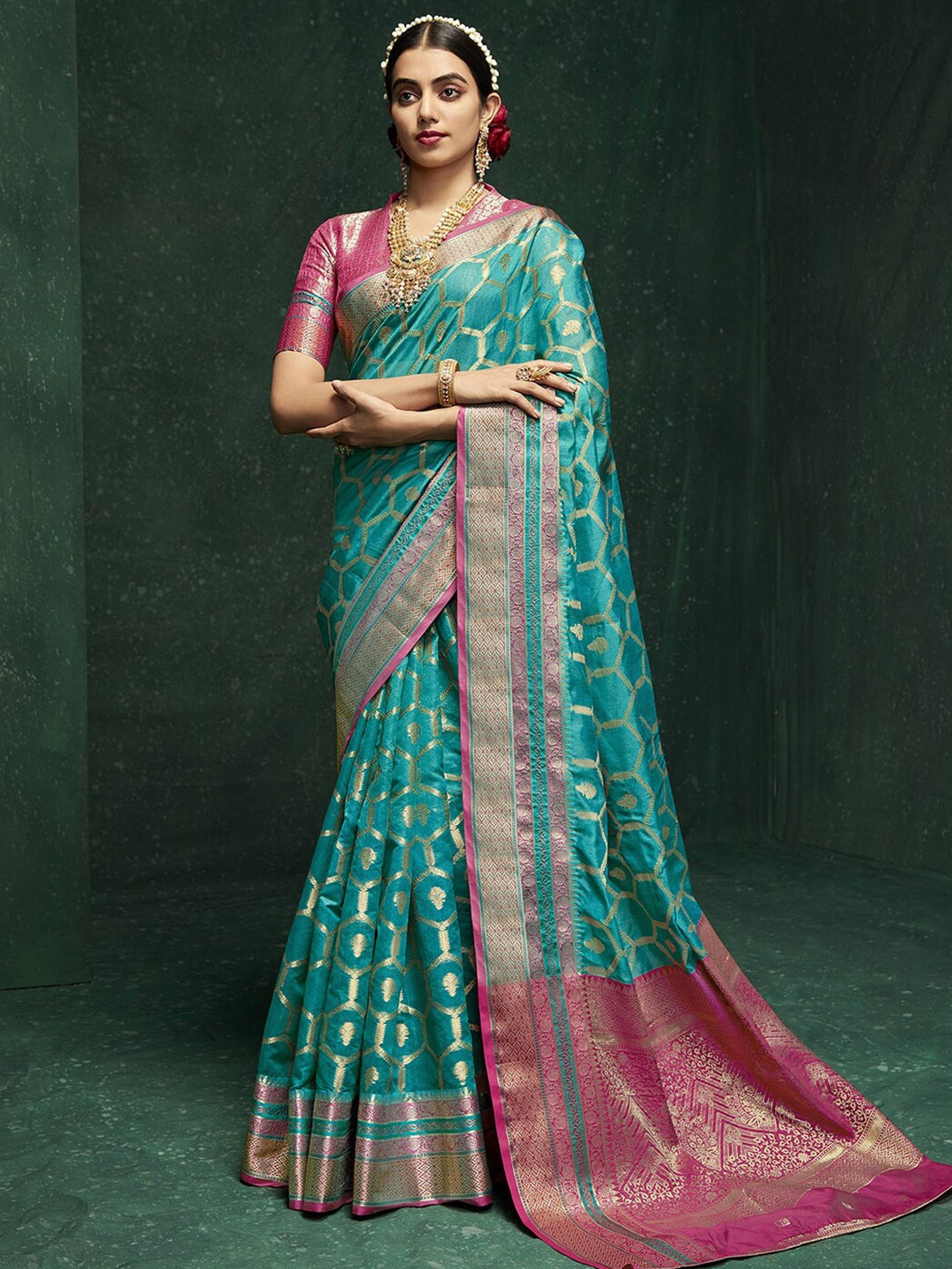 

Mitera Woven Design Zari Banarasi Saree, Teal