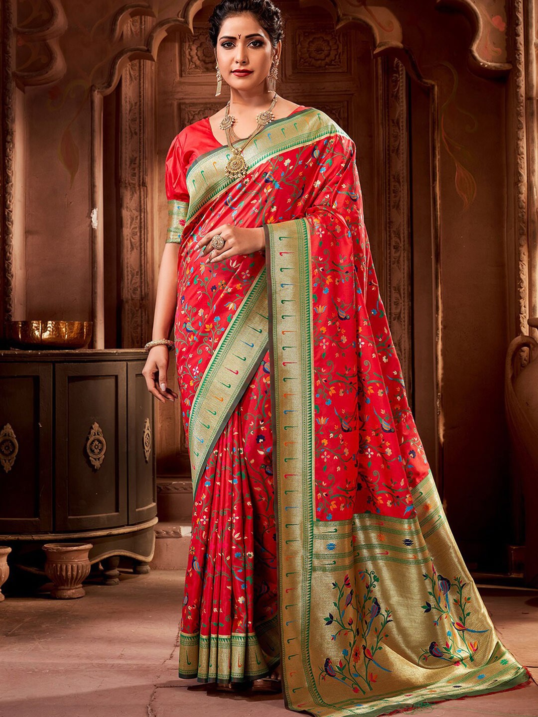 

Mitera Red & Green Ethnic Motifs Woven Design Zari Paithani Saree