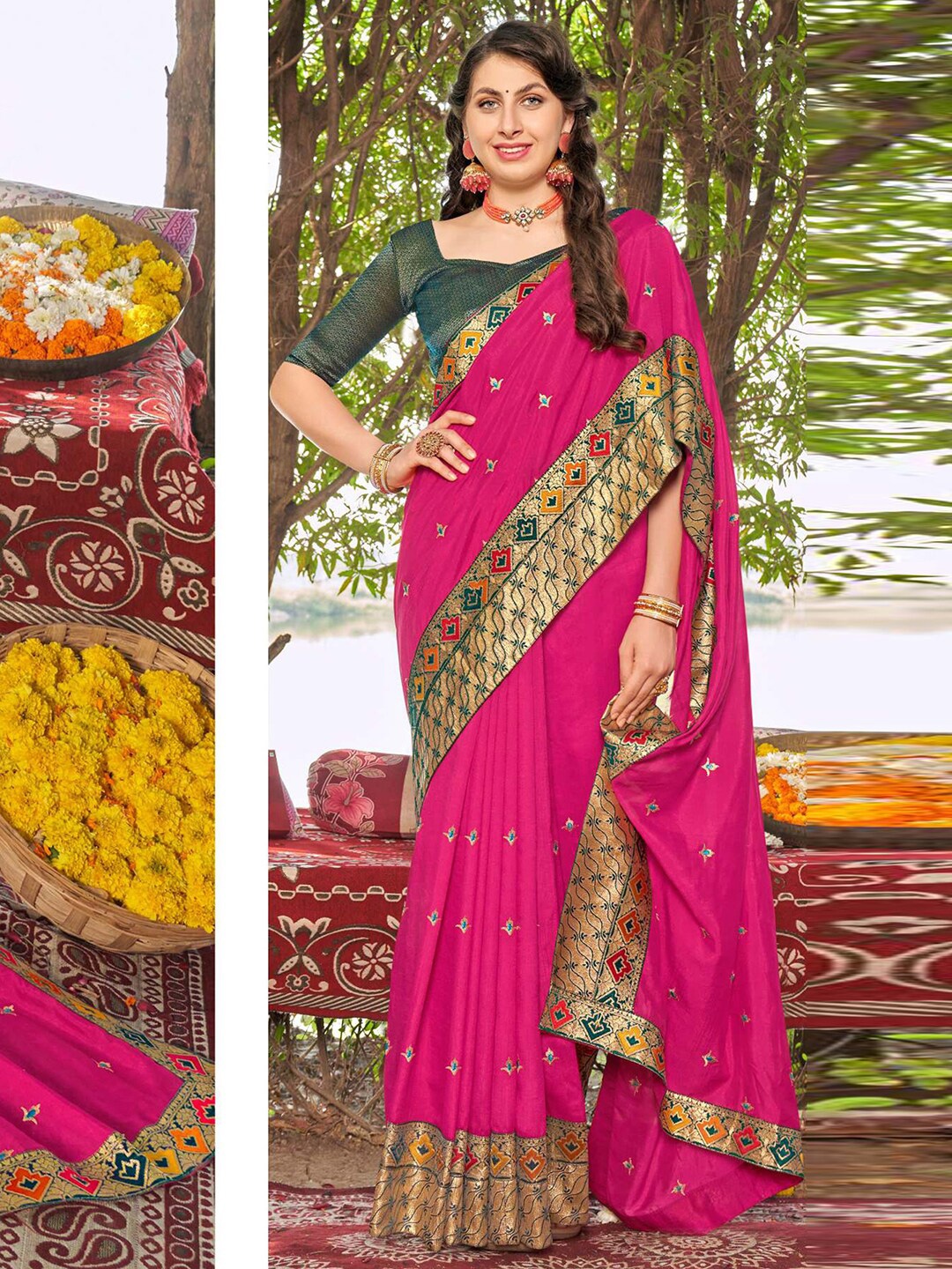 

Mitera Pink & Blue Ethnic Motifs Embroidery Zari Art Silk Saree