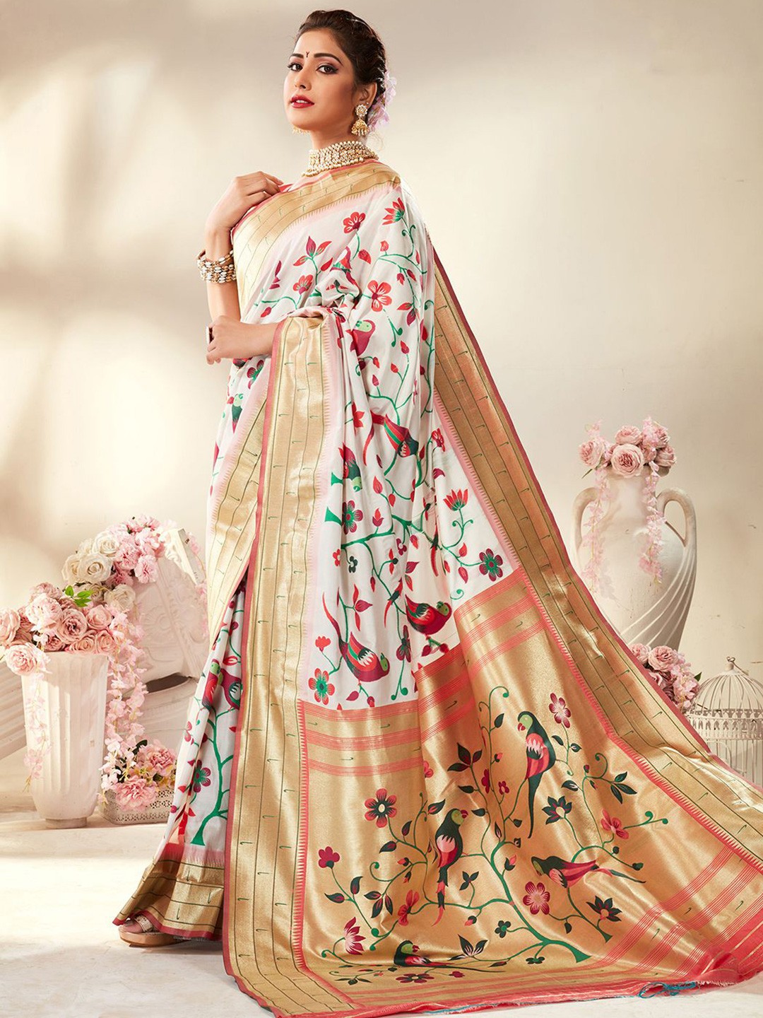 

Mitera White & Pink Ethnic Motifs Woven Design Zari Art Silk Paithani Saree