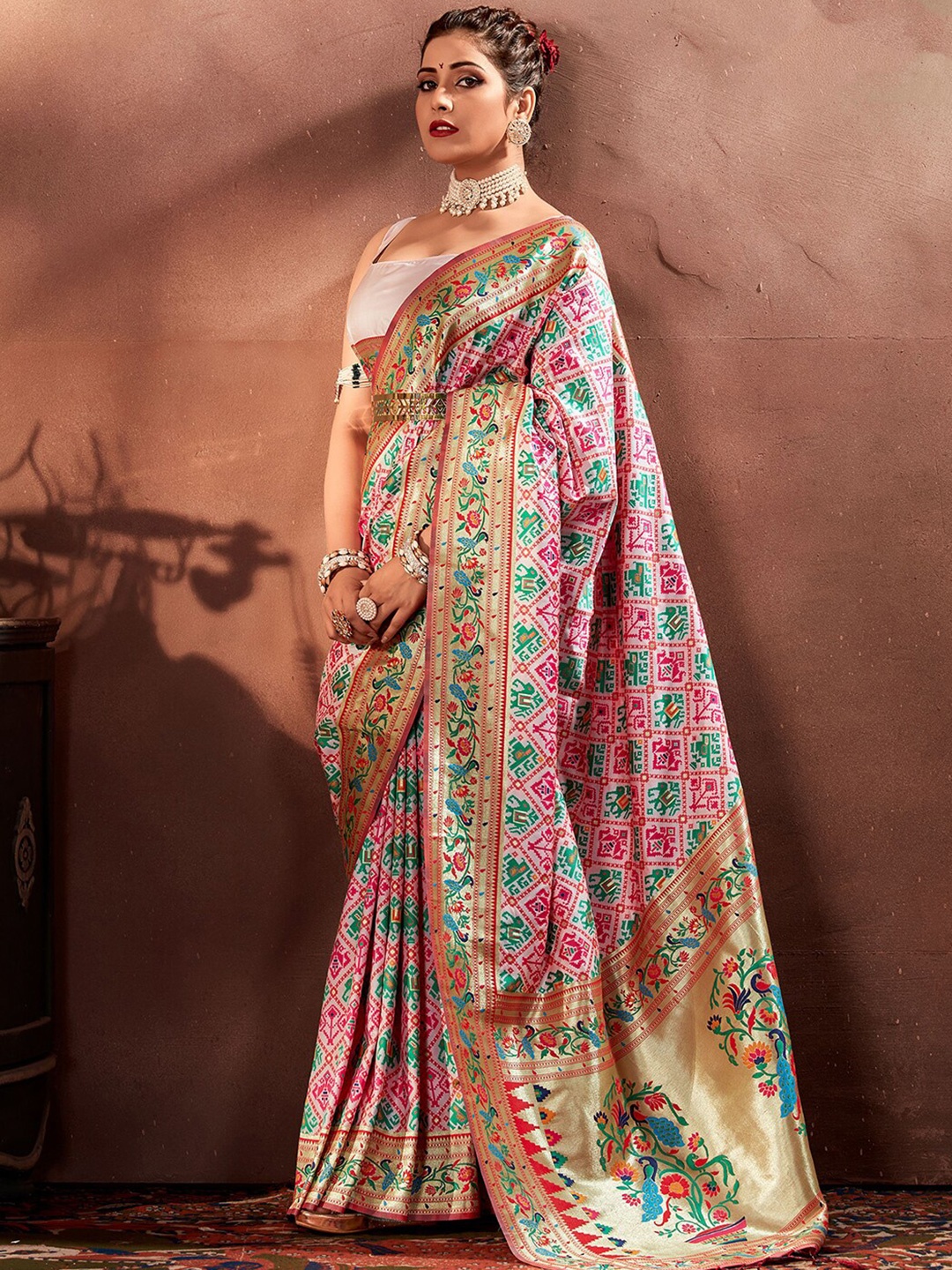 

Mitera Pink & Green Ethnic Motifs Woven Design Zari Paithani Saree