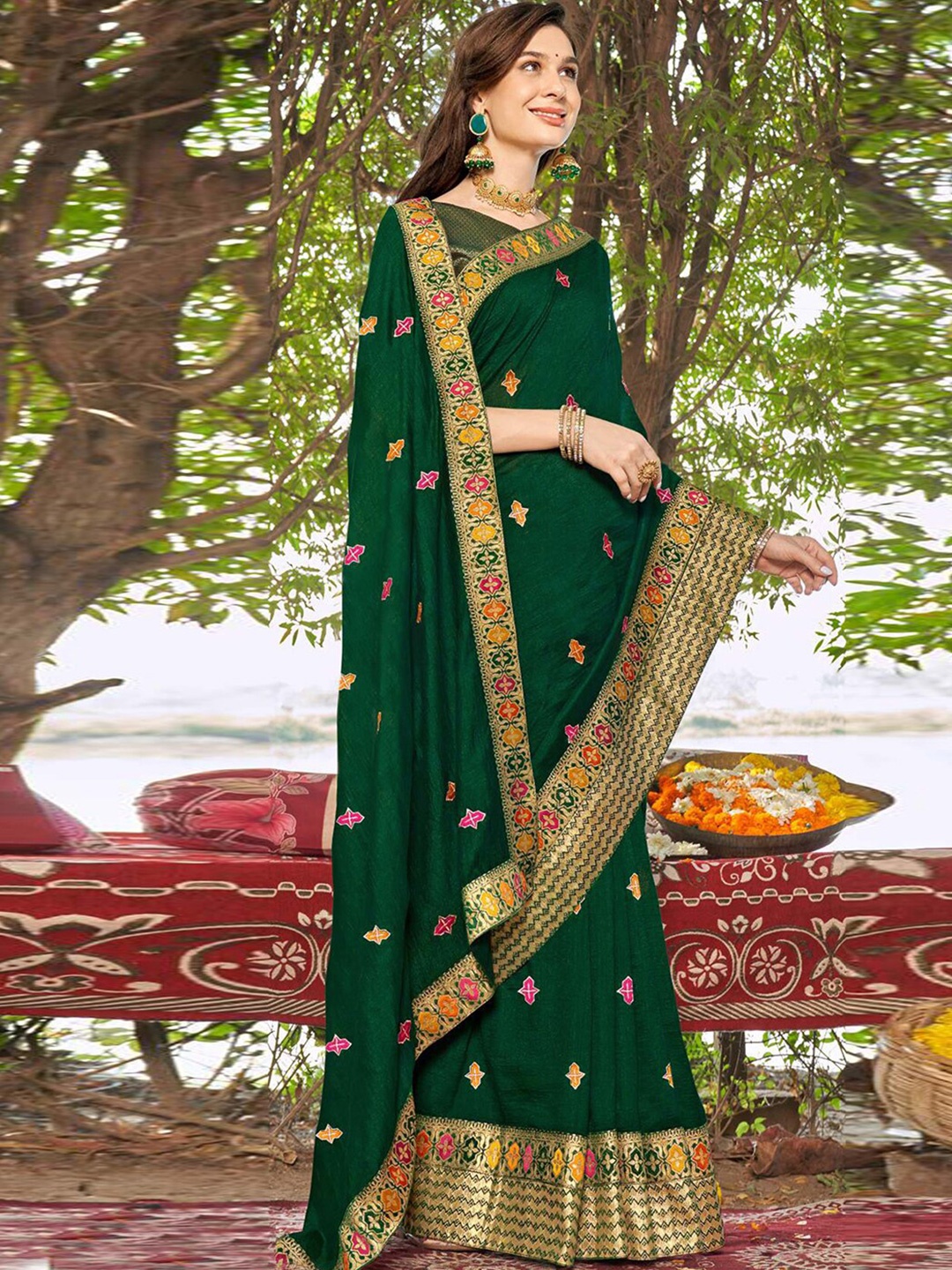 

Mitera Green & Red Woven Design Zari Saree